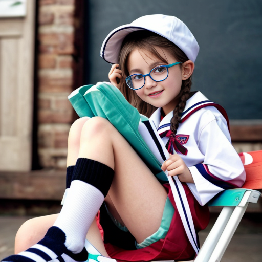 Cute adorable niña Chilindrina glasses con verano sailor uniforme escolar con zapatos negros escolar con calcetines blancos con sombrero sailor con sillas con colegio católico con foto grupal 3