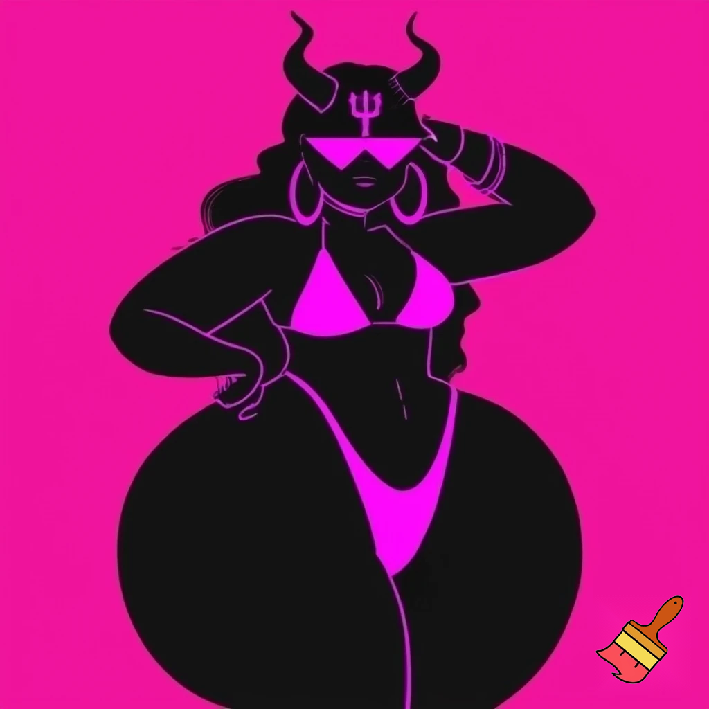 The image is a stylized illustration featuring a dark-skinned, possibly demonic or horned character, posing confidently against a vibrant hot pink background. The character has long, flowing dark hair and prominent horns that curve upwards from their head. Their eyes are obscured by a pair of sleek, triangular hot pink sunglasses.
They are depicted wearing a minimal hot pink bikini, consisting of a triangle top and a high-cut thong bottom. A distinctive symbol, resembling a trident or a stylized "psi" symbol, is visible on their forehead, also in hot pink. The character is adorned with large hoop earrings and a bracelet on their left wrist, all in matching hot pink.
Their body language suggests confidence, with one arm raised and bent behind their head, and the other hand resting on their hip. The overall style is bold and graphic, using strong outlines and a limited color palette of black and hot pink, creating a high-contrast and striking visual. Large gigantic penis.
