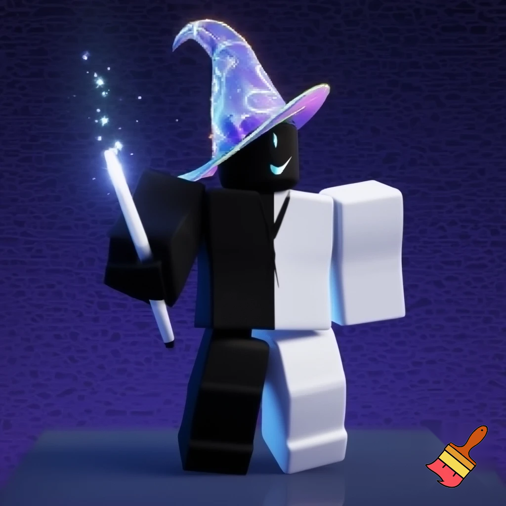 Roblox guy with white suit and he’s right body is black suit and have half black mask and has little tall nose with cool wizzed hat and magic wand