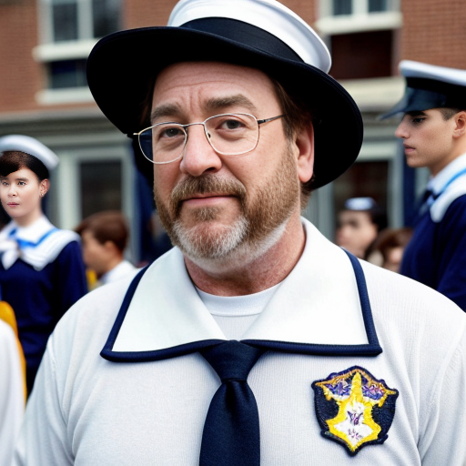 John Goodman y Elizabeth Perkins glasses con sailor uniforme escolar con zapatos negros escolar con calcetines blancos con sombrero sailor con caminar con desfile con ciudad 3