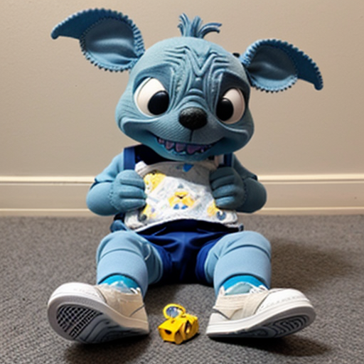 Stitch as a giant sitting down wearing his diaper and sneakers 