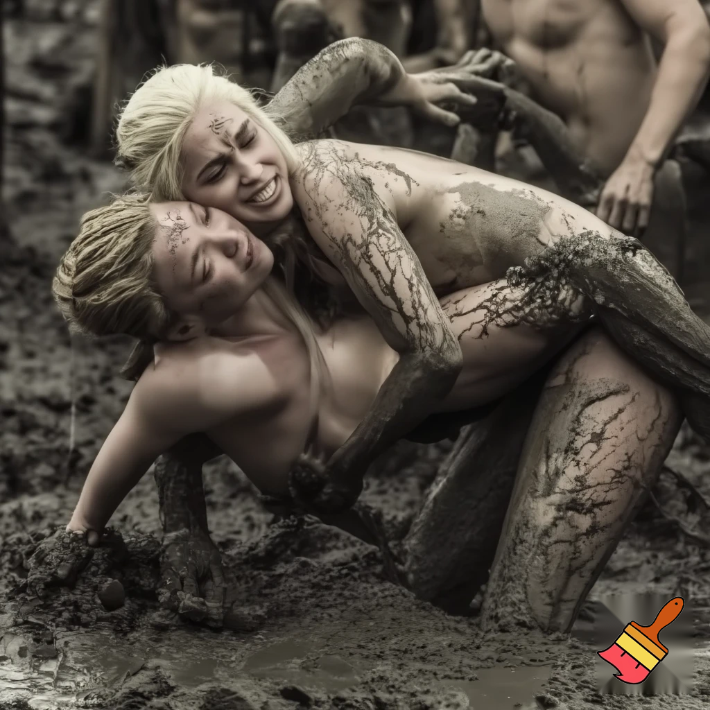 Daenerys Targaryen and Natalie Dormer wrestling in the mud , Natalie Dormer is under Daenerys and losing. Both are naked and all sweaty 

