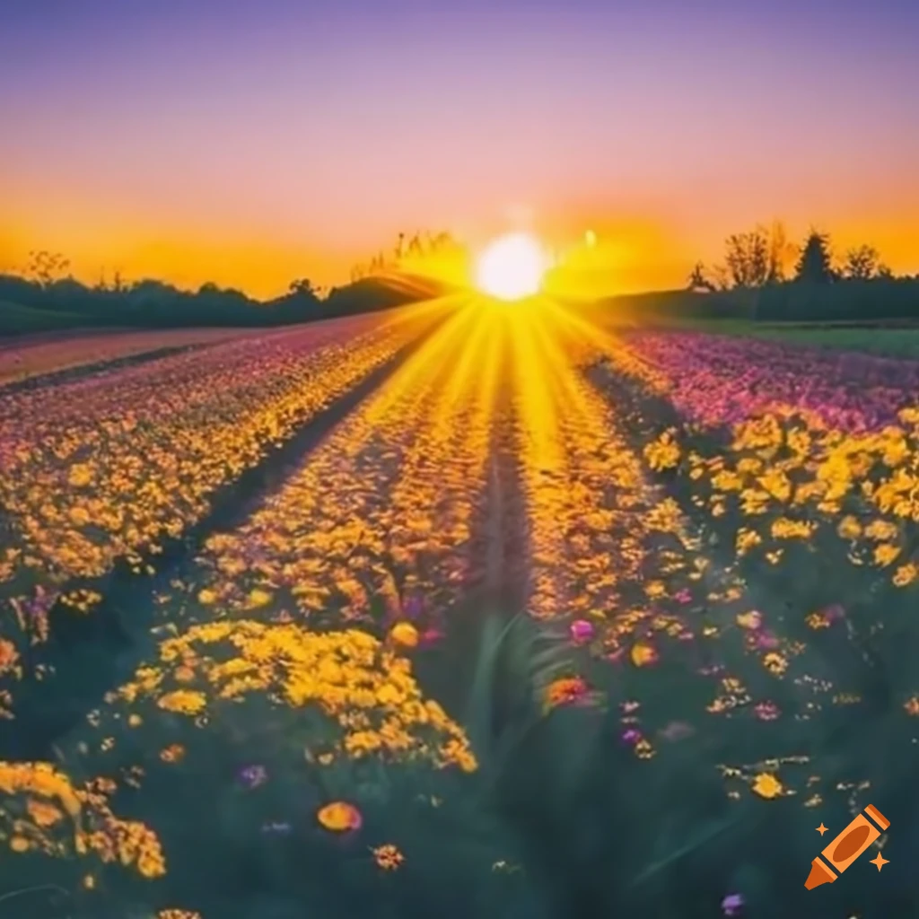A flowerfield with golden hour