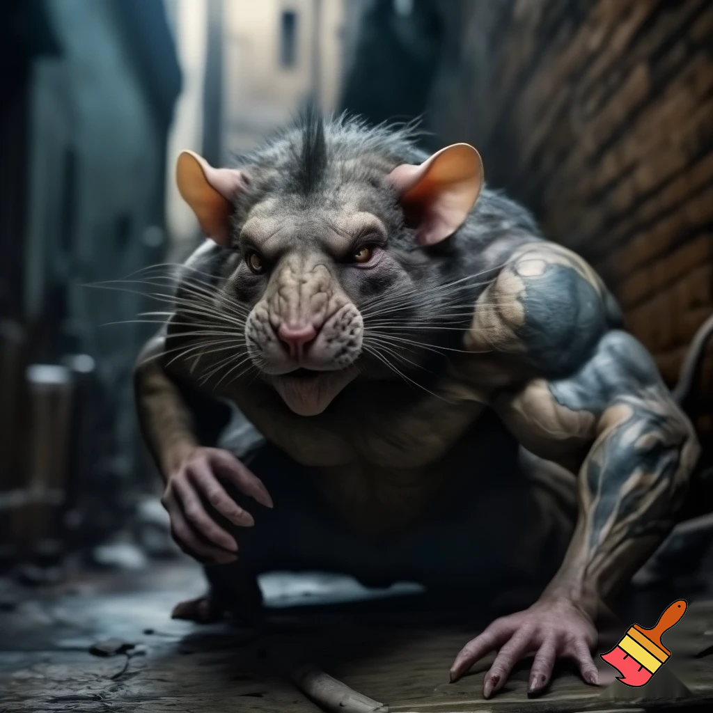 strong tough rat with a evil frowning face and tattoo on its arm
