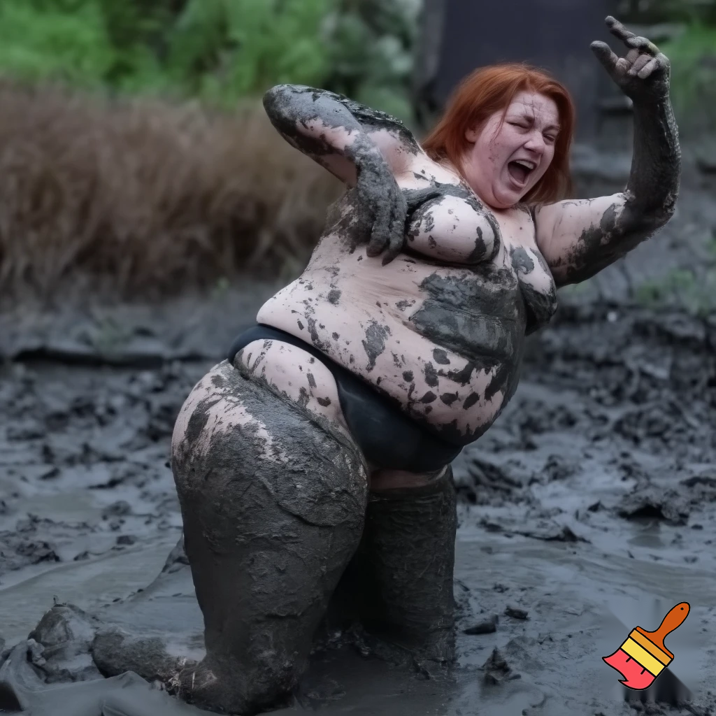 An attractive woman with red hair well formed breasts wearing a loin cloth is up to her buttocks in thick sticky mud the woman is struggling screaming in fear 