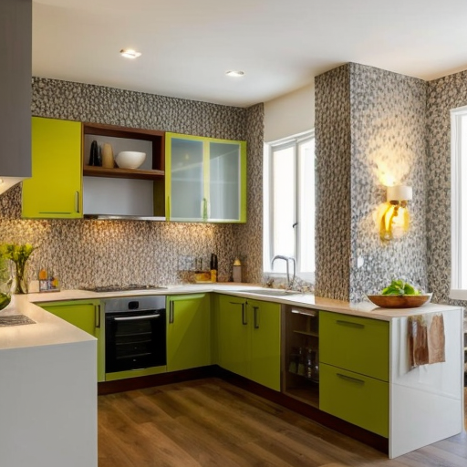 generate an interior picture of a commercial room , The second photo is the most suitable of the ones presented
commercial premises, with a 2.5-meter-long and 2.7-meter-high wall on the left, with 5 4-centimeter-wide pecan-colored boards on the left and right edges of the wall, and black wallpaper with gold-colored thin stripes in between. There is also a 60-centimeter-wide and 2-meter-high decorative panel with a floral pattern, and a 60-centimeter-wide and 2-meter-high mirror. the second wall begins with 50 cm of 4 cm wide pecked walnut-colored slats, followed by a 1.80 m long and 1.3 m high counter with a glass in the middle that is illuminated from the inside with yellow light, then 90 cm of slats that are pecked at regular intervals, and the wall ends with a door that matches the color of the counter. The third wall is covered with decorative plaster. Design this room in a modern and stylish manner.