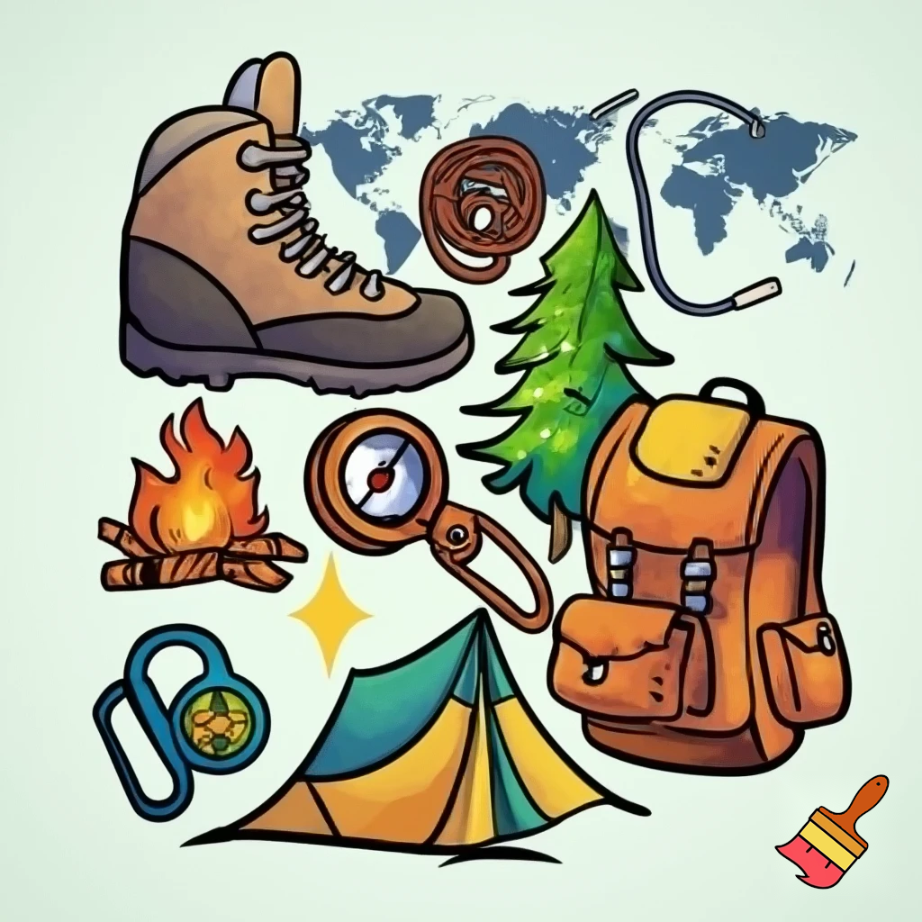 icons of nature exploration in cartoon style : climbing shoe, cord, fir tree, mountain, campfire, tent, carabiner, compass, backpack, world map, hiking shoe, binoculars