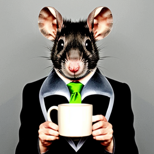 Strong rat, cheese in hand, mug shot evil with suit rat