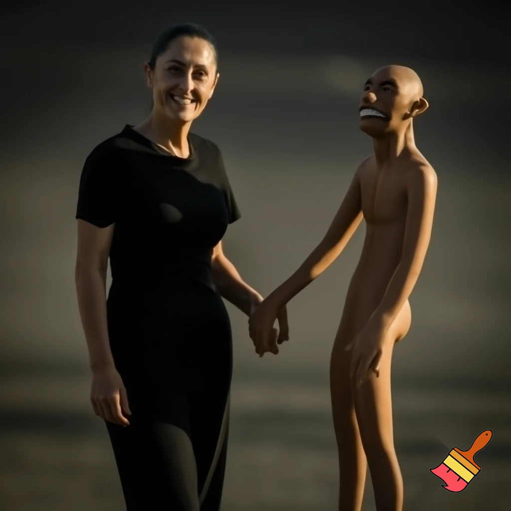 claudia sheinbaum holding hands with the devil and smiling, full body, 