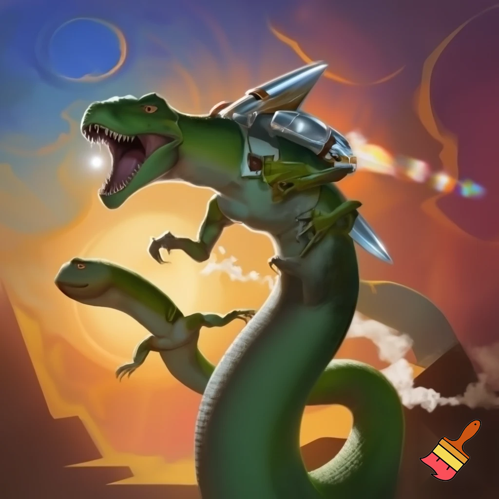 A snake with t-Rex arms and legs that has a jetpack