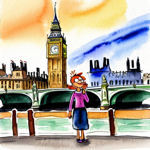 luna loud from the loud house standing on sidewalk of street bridge behind big ben