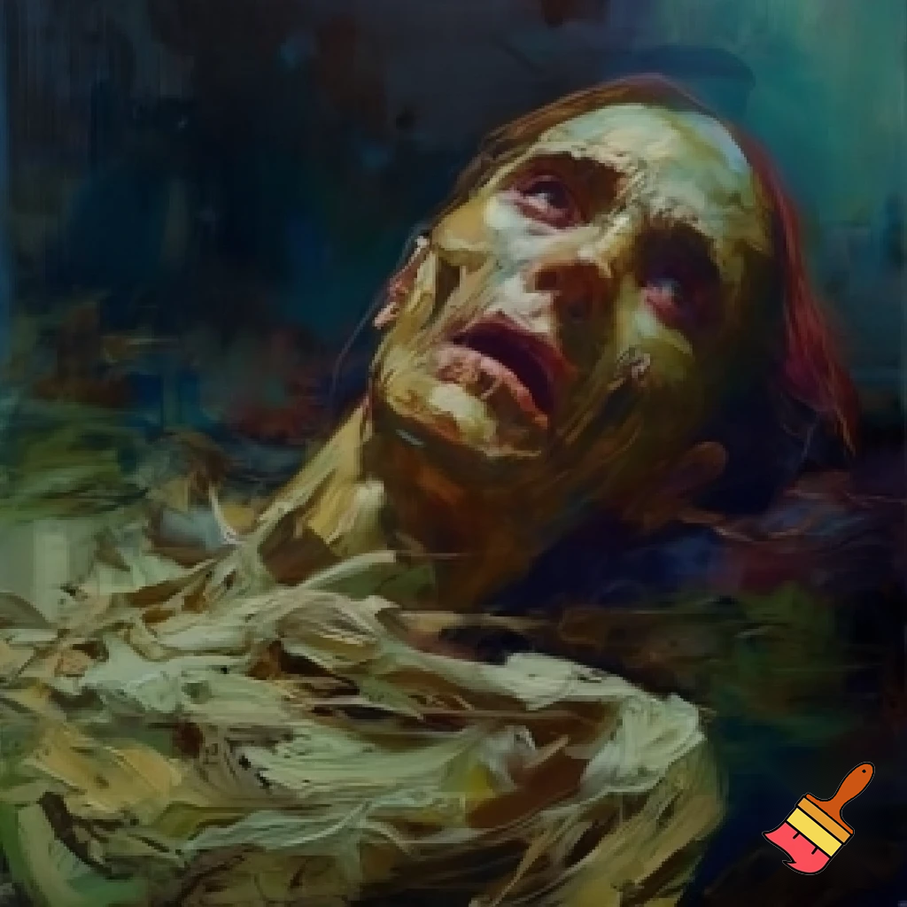 Oil painting, a corpse in advanced decomposition