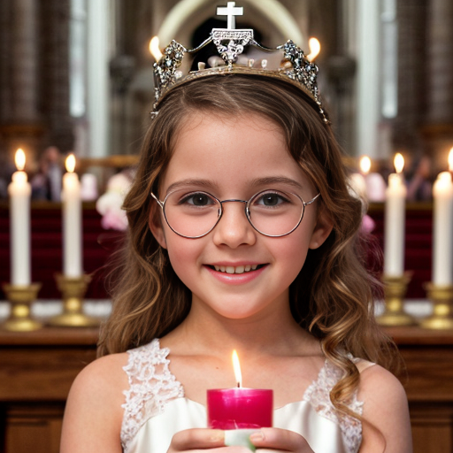 Cute adorable niña Chilindrina glasses con hair curly Blonde con corona Flores con verano elegante formal primera comunión sensual sexy con holding vela dé candela con altar con iglesia templó católico 1