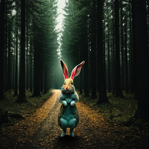 European rabbit, holding knife, dark forest, evil,