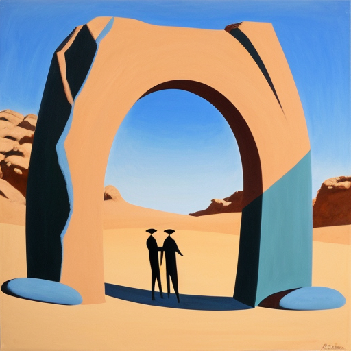 Paint the stones of a desert arch with multiple abstract figures in Tanguy and Matisse style