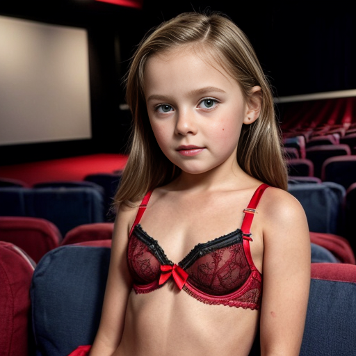 Genera la imagen de niñas rubias de 8 años vestidas con lenceria roja y negra, en una sala de cine con sus padres