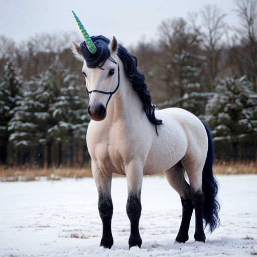 unicorn in a snowy field, photorealistic