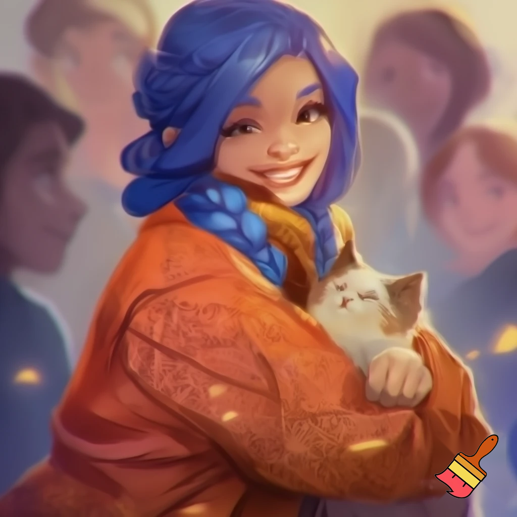 a girl with blue hair braid and a orenge jacket holding a cat and a smle all the people like her she was so famous