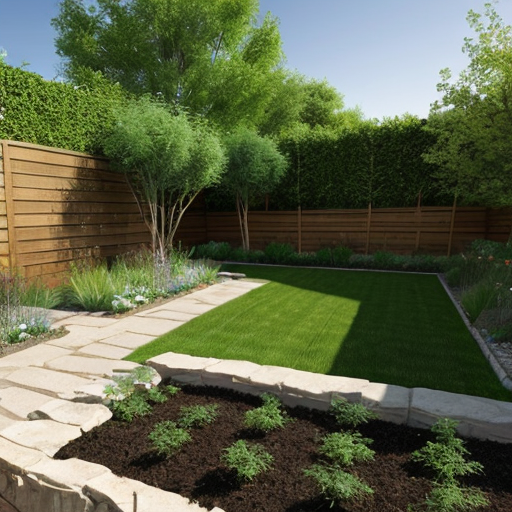 Realistic, nature-inspired garden based on the existing property, with the excavator completely removed.
In the center, a continuous, well-maintained lawn area.
Along the upper and right edges, a natural-looking sandstone wall approximately 50 cm high, positioned about 70 cm to 1 m away from the property boundary.
Between the wall and the fence, dense ornamental shrubs provide visual privacy, combined with edible shrubs and plants.
Planting includes tall and low herbs, fruit plants, and evergreen edible shrubs such as Juniperus (juniper).
Natural, slightly wild structure, yet well cared for.
Harmonious transitions between lawn, stone wall, and planted areas.
Realistic lighting conditions, spring or early summer, no artificial colors, no overly designed or stylized garden elements.
Photographic style, high level of detail, natural garden character.