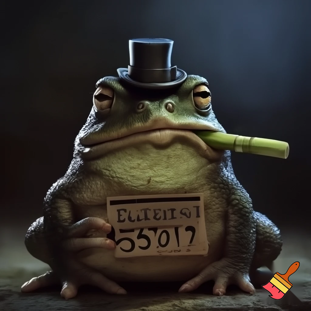 a toad with dark green skin and small little light green glands with a frown smoking sugercane plant with a short tophat in a mughshot  dont make the frog hold the sugercane put it in the toads mouth and make the toad hold a sign saying Cane Toad with the number 659098