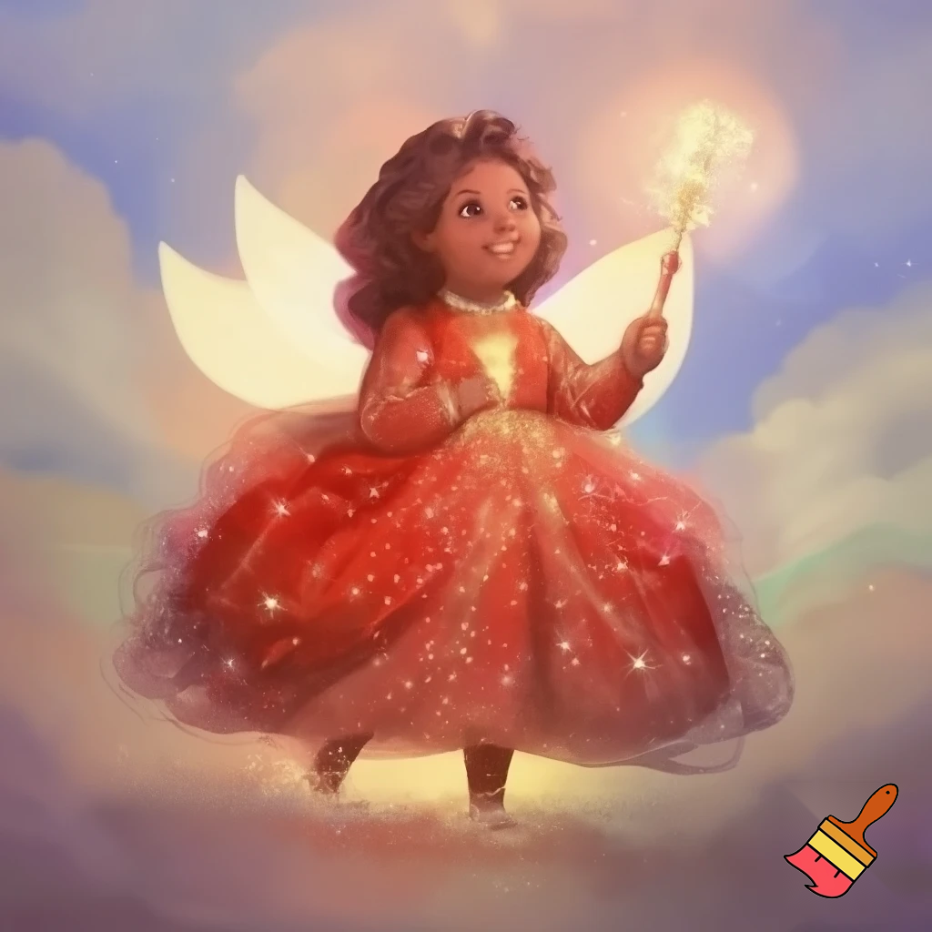 Crea la imagen real de una niña de 10 años con disfraz de hada madrina color rojo
