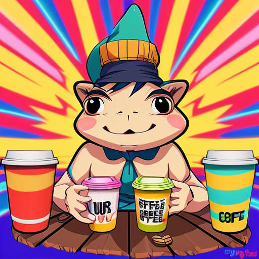 A hillarious, funny boho toad with some hippie colored coffee cups. Psychedelic decorated background.