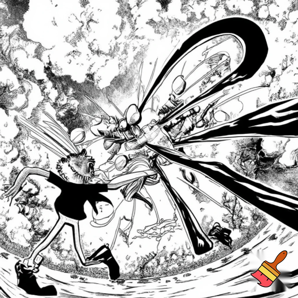 Characters and Action: Manga style, high-octane action panel of Mr. Krabs vs. Ruby Rose. Mr. Krabs with an angry, manga-style face and intense motion lines around his massive claws. Ruby Rose in a dynamic action pose, her Crescent Rose scythe clashing with his claws, speed lines around her.
Setting: Explosions and smoke in the background, stylized battle arena.
Art Style: Manga, black and white ink drawing, detailed linework, dynamic.
Quality: High contrast, expressive, panel art.