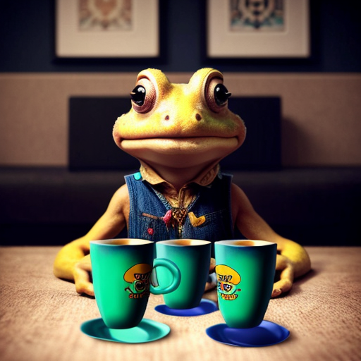 A hillarious, funny boho toad with some hippie colored coffee cups. Psychedelic decorated background.