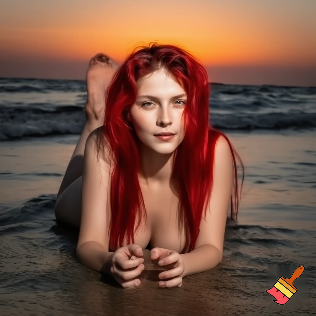 Ragazza dai capelli rossi distesa al tramonto su una spiaggia, bagnata dalle onde sul suo corpo nudo. Vista frontale, la ragazza ha le gambe aperte i capelli sono mossi 