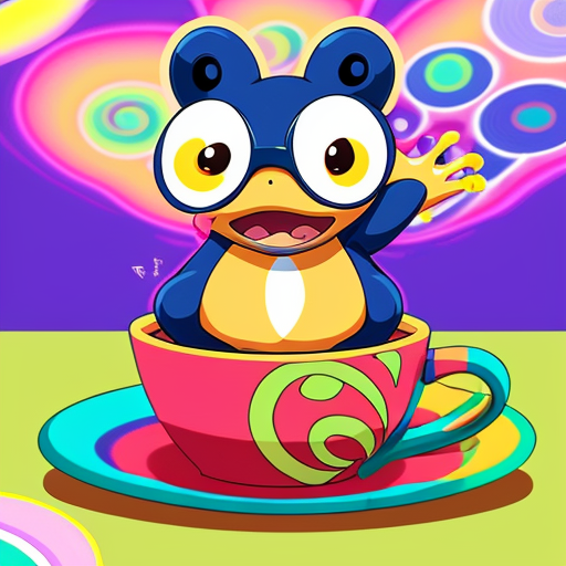 A hillarious, funny boho toad with some hippie colored coffee cups. Psychedelic decorated background. Gleaming and touch.