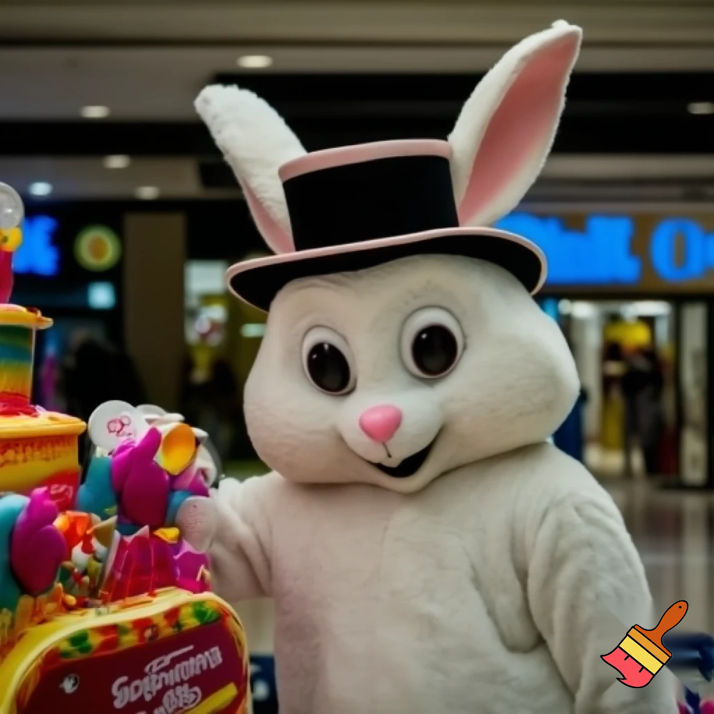 Easter bunny mascot top hat at the shopping centre mascot costume Darrell Lea magic room