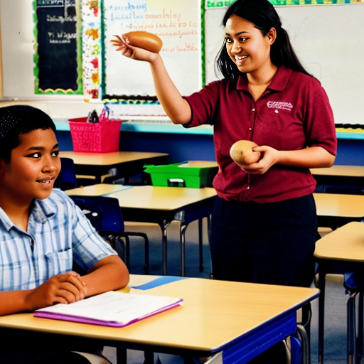 Please create a drawing of a teacher in a classroom holding a yam and the students are pointing, watching, and interacting. Please make the characters pacific islanders
