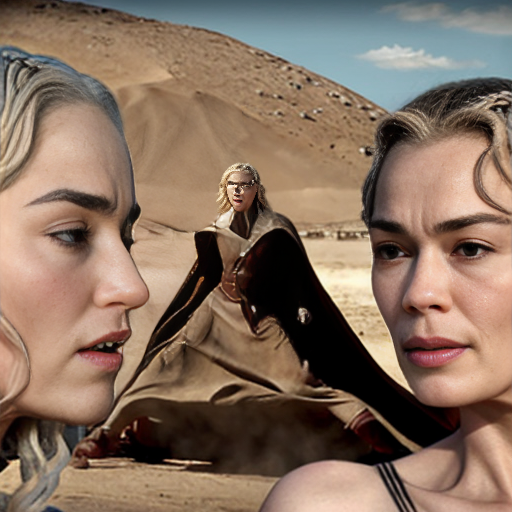 Daenerys Targaryen and Cersei Lannister fighting in the desert , Cersei Lannister is under Daenerys and losing. Both are naked and all sweaty 
