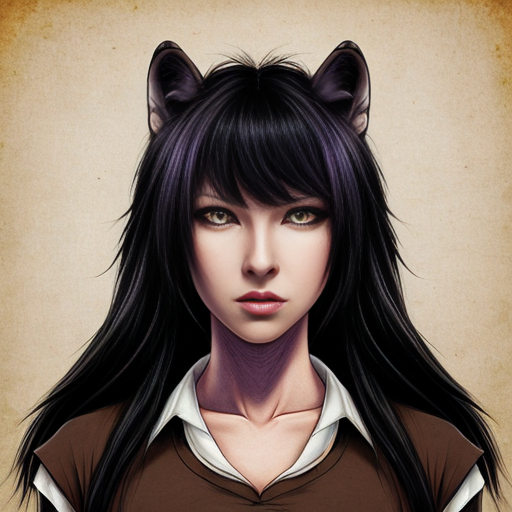 Anthropomorphic female black wolf with long pretty black hair and purple eyes, wearing a brown medieval shirt