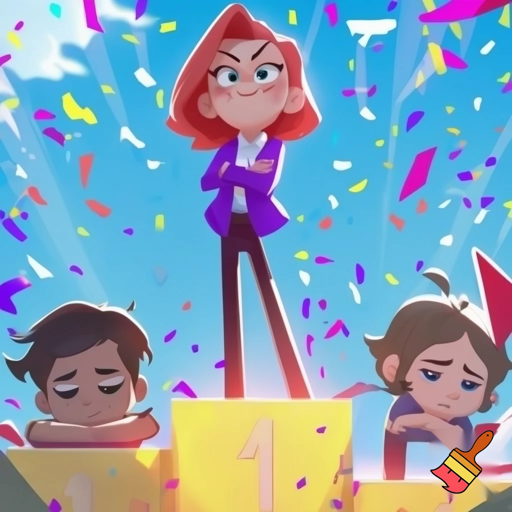 "A podium with three winners celebrating. The first-place winner is a red-haired girl with crossed arms, wearing a purple blazer and a white shirt, inspired by Marcella from the Spirit cartoon. She stands confidently on the top step. The second and third place winners are on either side, slightly lower on the podium. The scene is bright and cheerful, with a clear blue sky, confetti falling, and a lively, animated style reminiscent of cartoon illustrations. Focus on dynamic expressions and vivid colors." the other children look sad, the winner looks mean