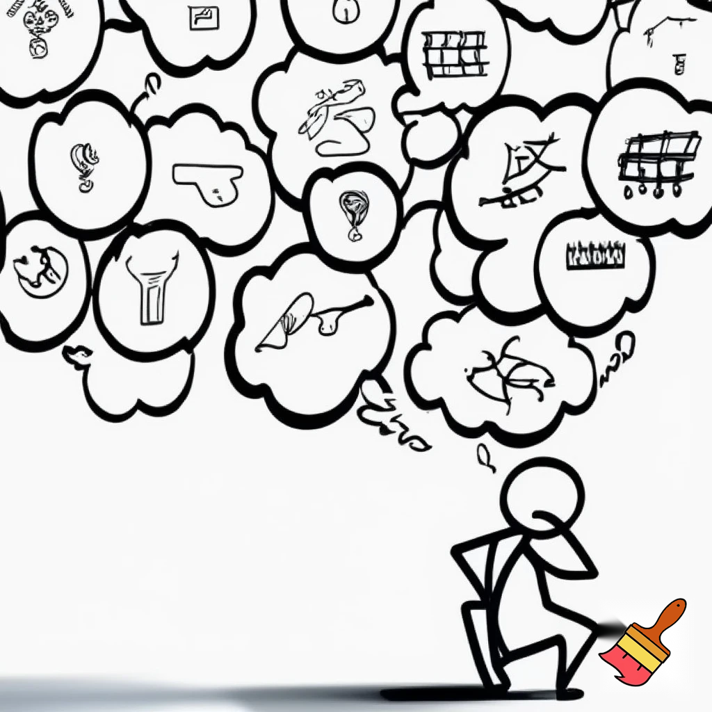 Hook / Brain thinking

Minimalist stick figure sitting, thinking with multiple thought bubbles above head, black and white, xkcd-style, simple cartoon illustration