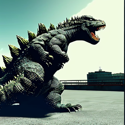 godzilla with a 2 legs an floor + big an tailed from a kaiju in realistic photography the a physics an video a style and white a color an screenshot to a background a style