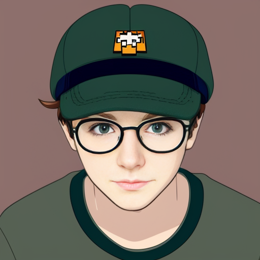  anime teenage boy with a green hat with a minecraft tnt design on it, green eyes, black glasses and a green jumper