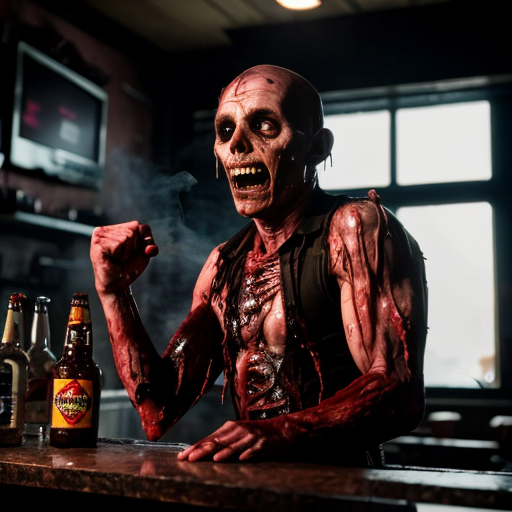 a dimly lit, smoke-choked dive bar plunged into chaos as rotting, Fulci-style zombies burst through the shattered front door and windows. Their decayed faces glisten with wet, stringy gore, eyeballs milky-white or dangling from sockets, as they lurch forward with grotesque hunger. A bartender’s head is halfway torn off, arterial spray arcing across the neon beer signs, while a patron screams mid-bite, intestines spilling from a zombie’s fist like wet rope. Glass shards and broken stools litter the sticky floor, now slick with blood and spilled liquor. One zombie’s jaw hangs by a tendon, its teeth buried in a biker’s neck as he futilely tries to shove it off, his fingers sinking into its putrid flesh. The lighting—sickly green and flickering—casts everything in a nightmarish glow, amplifying the visceral horror of entrails, shattered teeth, and the gleam of exposed bone