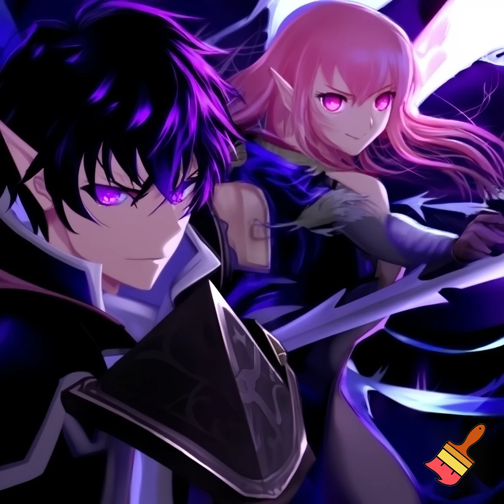 Anime boy, emo, black and purple streaks in hair, elf ears, glowing purple eyes. Anime girl with pink long hair and curves, pink eyes. two people. in a pose. anime Rising Shield hero Style. the Male holding his Shield. the girl holding the Sword. 