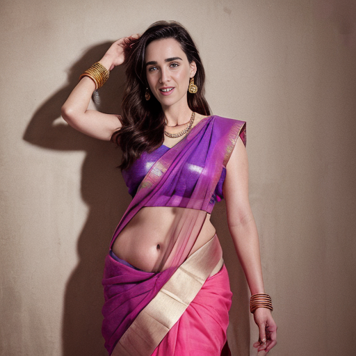Jennifer Connelly ,24-30 years old, Indian hair style,trying to love, inhaled chest,big open eyes, A plus curvy shaped body structure, showing bangles on hand, bindi,high-quality photo portrait, shot on a Kodak camera, photography, environmental,double eyelid --ar 34:65 --style raw, indian ascent, flying kiss, feeling happy, beautiful legs, wearing violet transparent sari with pink silk crop tank, includes full body structure.