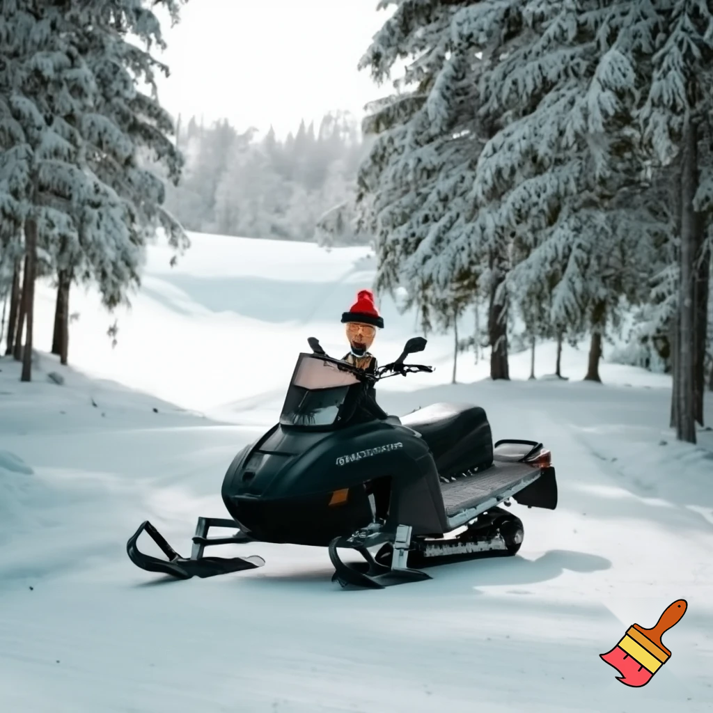 einmal maxpro3500 mit einer wheinachtsmütze draussen im schnee und winterlichen hintergrund
