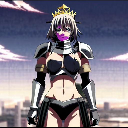 ((anime style, print screen of an anime scene)) cute anime girl, huge muscles, she is a knight, she wears metal gauntlets, metal greaves and shoulder pads, she has a breastplate, her defined abs are exposed as well her upper arms, she has a tiara that has crown features
