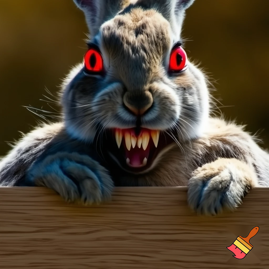 European rabbit red glaring eyes sharp teeth and fur holding a sign angry face firce