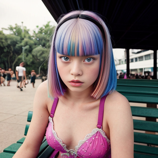 A portrait by pierre et gilles of a rebellious young girl inspired by Blade Runner, in vibrant ProPhoto RGB colors, sitting on a park bench