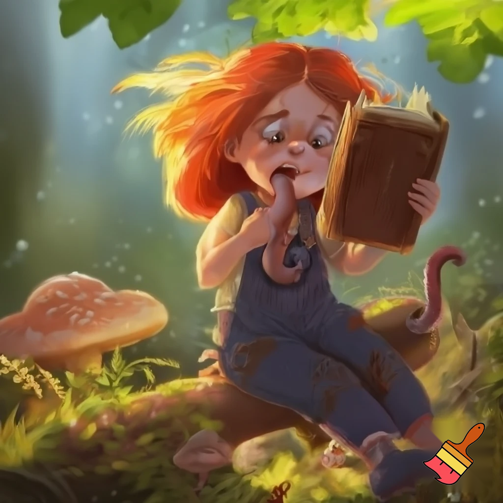 Red head 11 year old eating worms while reading a book upsidedown