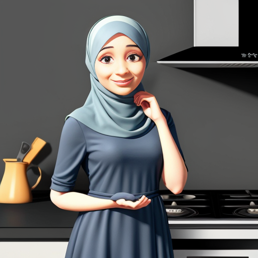 Pixar-style cartoon, Muslim woman 35-40, fully covered wide light blue dress, headscarf covering hair, modest, standing at stove cooking, gray background, no sexualized features, simple cartoon style