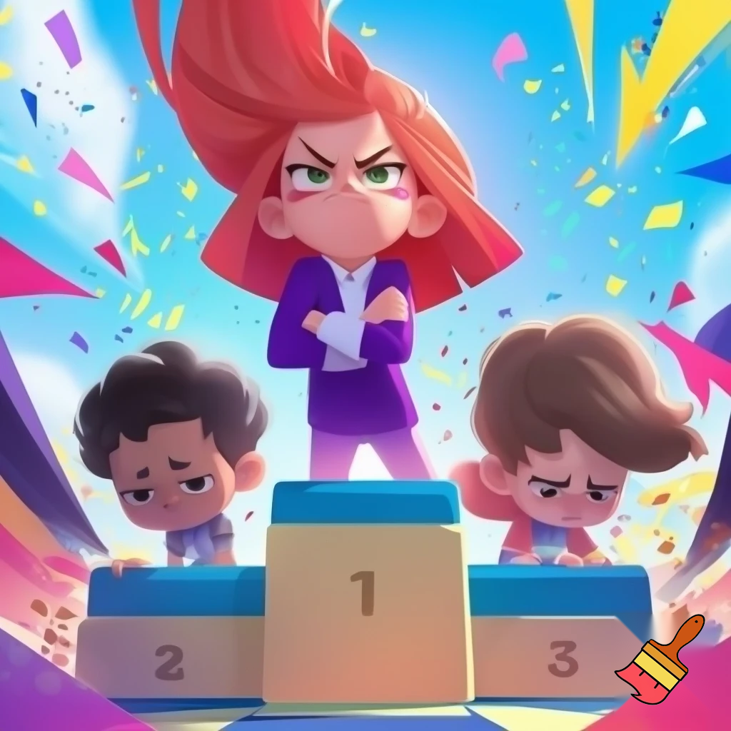"A podium with three winners celebrating. The first-place winner is a red-haired girl with crossed arms, wearing a purple blazer and a white shirt, inspired by Marcella from the Spirit cartoon. She stands confidently on the top step. The second and third place winners are on either side, slightly lower on the podium. The scene is bright and cheerful, with a clear blue sky, confetti falling, and a lively, animated style reminiscent of cartoon illustrations. Focus on dynamic expressions and vivid colors." the other children look sad, the winner looks mean