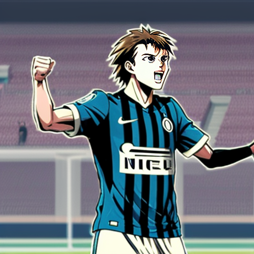 Anime-style illustration of Nicolò Barella in the foreground, front and center, performing his iconic goal celebration with intense expression, dynamic action pose, highly detailed blue and black Inter Milan jersey, clearly recognizable but drawn in anime style. Behind him slightly are Lautaro Martínez and Francesco Pio Esposito doing their classic celebrations, also recognizable in anime style. In the background the rest of the Inter players are scattered across the scene, large Inter Milan logo filling the backdrop, stadium atmosphere, dramatic lighting, high detail, vibrant colors