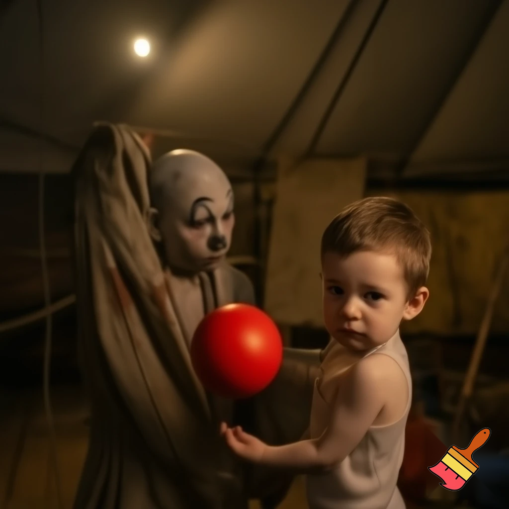 A child reaches out to give the sad circus clown his ball.